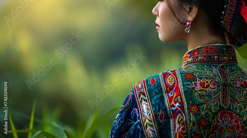 Thai traditional dress on an Asian woman intricate patterns in focus set against a lush green background with copyspace photo