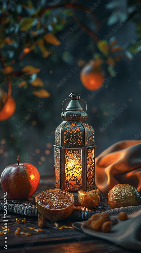 Islamic ramadan with golden lantern and fruit on a flat surface. Eid Mubarak, Ramadan Kareem Islamic ramadan with golden lantern and fruit on a flat surface. Eid Mubarak, Ramadan Kareem