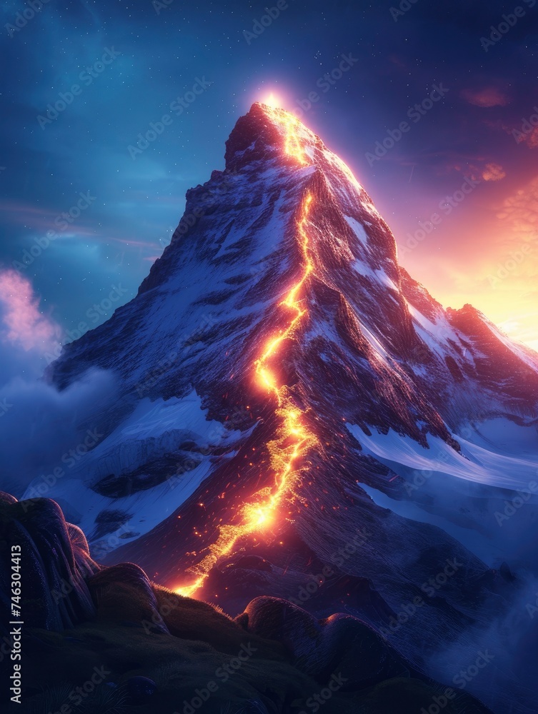 Giant mountain peak to the top of which leads a bright line of light, the mountain is illuminated from behind, symbolic path to success, goal achievement
