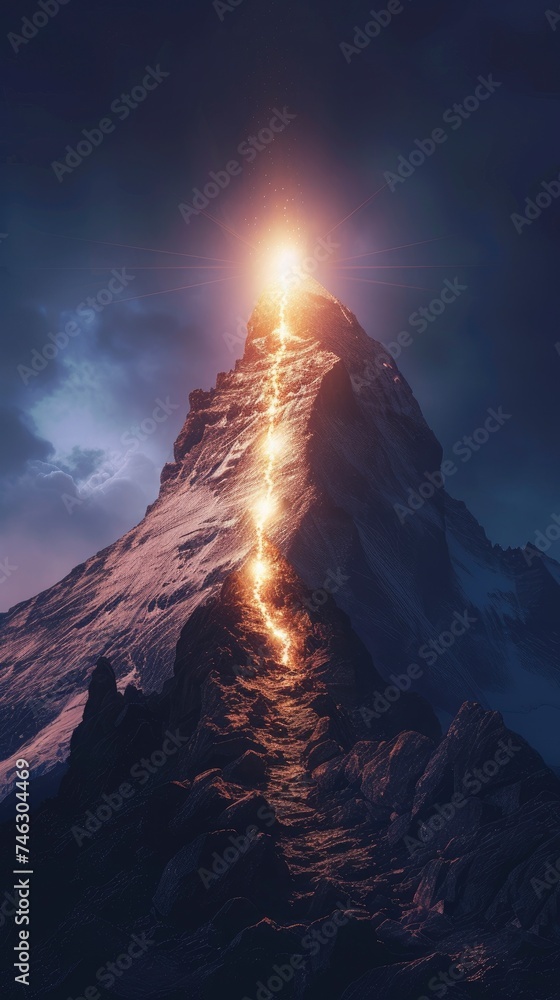 Huge mountain to the top of which a bright line of light leads to the top, the top is illuminated from behind, symbolic path to success, goal achievement