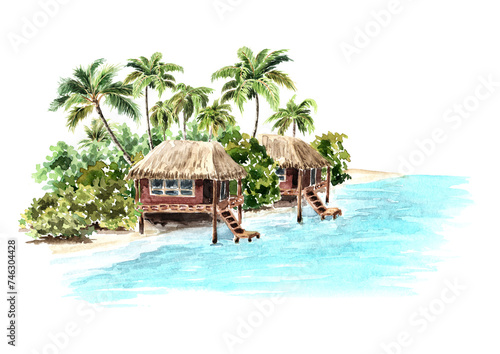 Tropical island with palm trees and huts on the water. Sea, sand and blue sky, summer vacation concept.  Hand drawn watercolor illustration isolated on white background © dariaustiugova