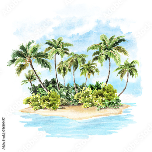 Tropical summer palm island beach. Sea  sand and blue sky  summer vacation concept. Hand drawn watercolor illustration isolated on white background