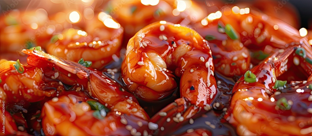 A close-up view of a plate filled with succulent shrimp coated in Sizzling Dynamite Sauce. The shrimp are the main focus, showcasing their vibrant colors and appetizing appearance. A close-up view of a plate filled with succulent shrimp coated in Sizzling Dynamite Sauce. The shrimp are the main focus, showcasing their vibrant colors and appetizing appearance.