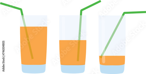 Glasses with fresh sparkling orange or carrot juice and straw. Set of flat icons isolated on checkered background. Orange liquid in transparent container