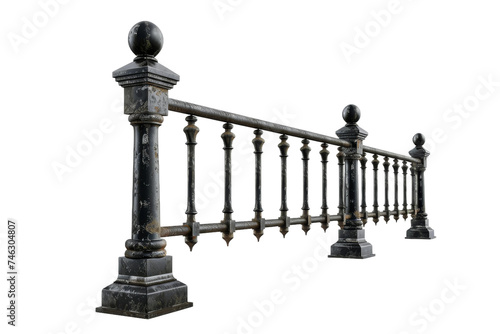 Black Iron Fence. A black iron fence stands tall and sturdy, The intricate details of the fence are visible, showcasing its durability and elegant design. On PNG Transparent Clear Background.