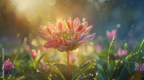 Flower shines bright, early sun highlights colors, dewdrops add sparkle. Single flower stands tall, morning dew highlights its beauty. © Eez Studio
