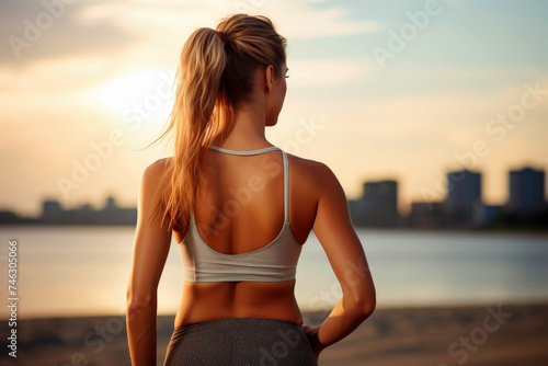 Happy woman jogging on beach, portrait of running, healthy lifestyle concept. AI generative