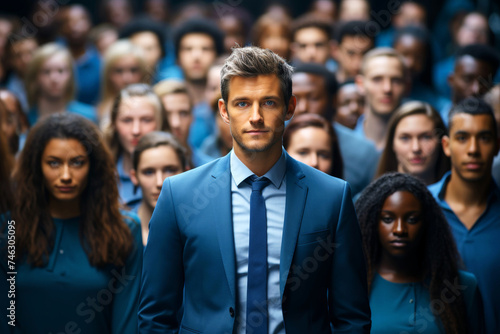 confident business team posing with it's male leader at a corporate office, generative ai