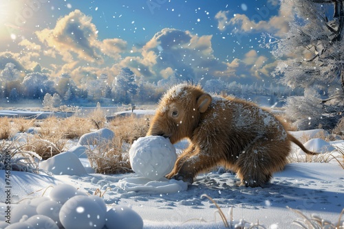 Woolly mammoth calf playing with snowball in prehistoric snowy landscape accidentally burying itself