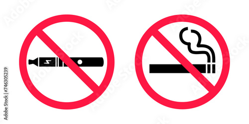 No smoking no vaping signs set. Forbidden sign icon isolated on white background vector illustration. Cigarette, vape and smoke and in prohibition circle.