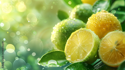 Lime with water drops on green bokeh background. Citrus fruit