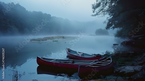 Serene misty lake with red canoes on shore at dawn. tranquil nature scene. outdoor adventure backdrop. AI