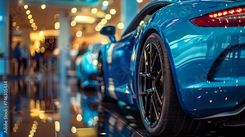 Luxury blue sports car showcased in elegant showroom. sleek design, high-end vehicle. perfect for advertising. AI