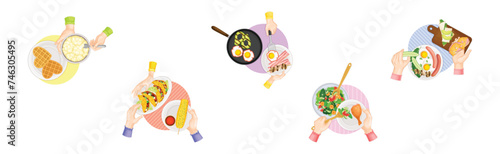Tasty Dish Served by Human Hand on Plate Above View Vector Set