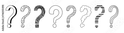 Doodle question mark hand drawn sketch vector illustration set isolated on white background. Collection of various question marks asking or doubt punctuation black and white freehand scribble symbols.
