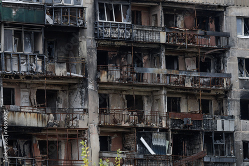 Residential building destroyed by military actions in Ukraine.