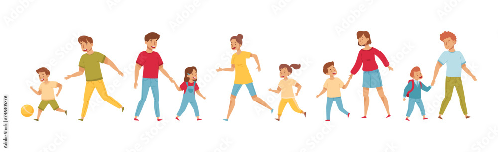 Happy Man and Woman Parent Spend Time with Their Kid Vector Set Happy Man and Woman Parent Spend Time with Their Kid Vector Set