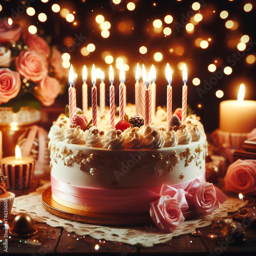 Birthday cake with candles, bright lights bokeh. generative ai photo