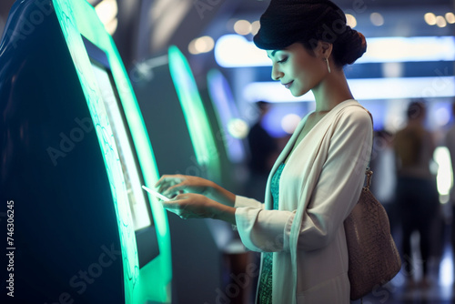 Information security can use technology to control and store systematically. Asia travel woman check in at automatic check in kiosk. Touching screen and choose flight detail and insert passport  © alisaaa