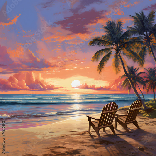 Serene Late Afternoon at a Tropical Beach: Palm Trees, Calm Ocean, and a Spectacular Sunset © Hattie