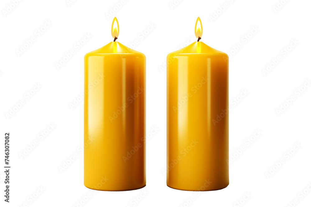 Pair of Yellow Candles. Two yellow candles placed next to each other. The candles are unlit, standing upright on a flat surface, with their wicks intact. On PNG Transparent Clear Background. Pair of Yellow Candles. Two yellow candles placed next to each other. The candles are unlit, standing upright on a flat surface, with their wicks intact. On PNG Transparent Clear Background.