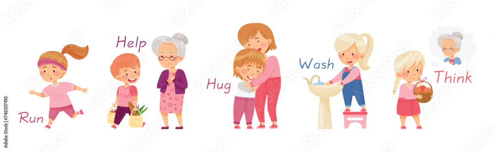 Verbs Study with Little Kids Doing Different Activity Demonstrating Vocabulary Vector Set Verbs Study with Little Kids Doing Different Activity Demonstrating Vocabulary Vector Set