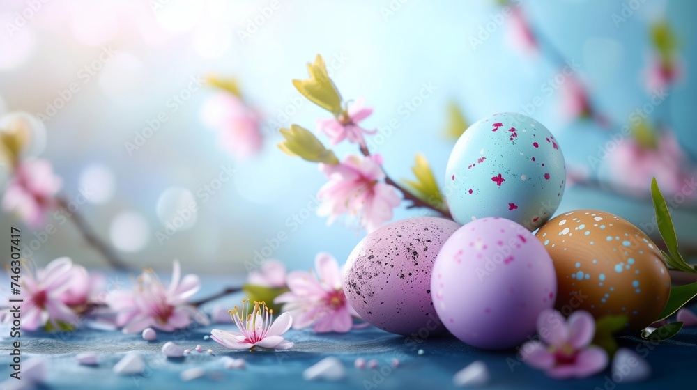 Happy Easter background with Easter eggs and flowers
