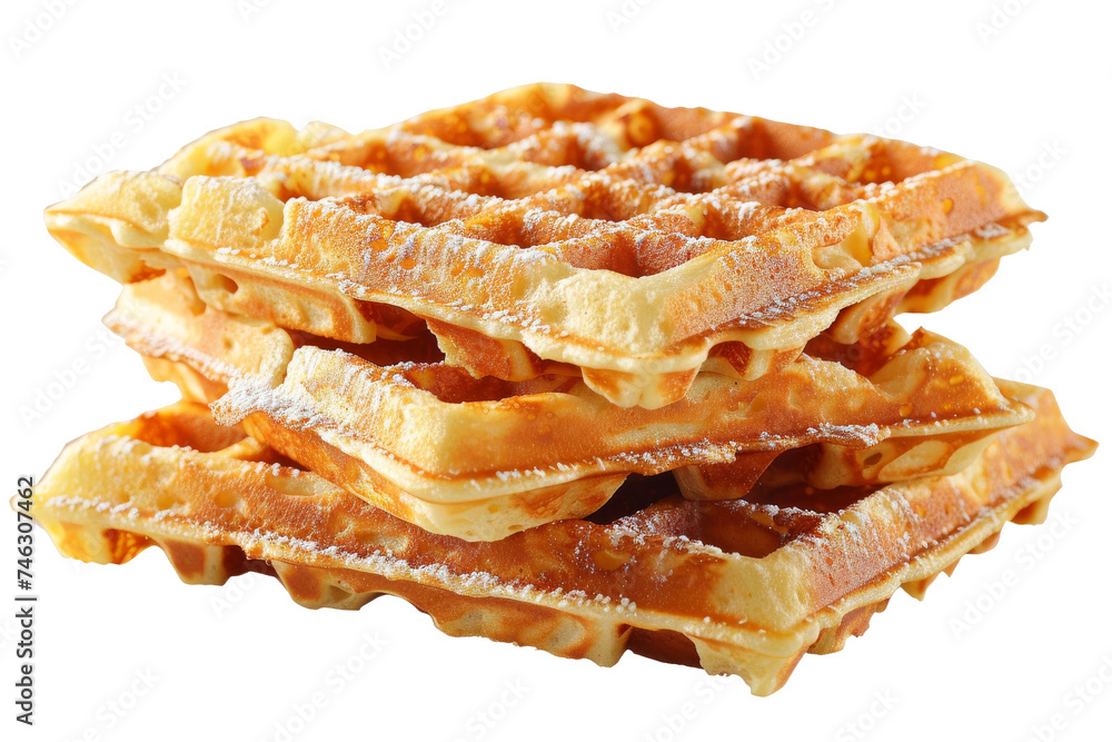 Stack of Waffles. A stack of round waffles sits on a white plate, each one slightly overlapping the other, creating a tower of golden brown breakfast treats. On PNG Transparent Clear Background.
