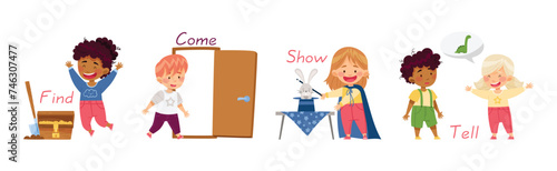 Verbs Study with Little Kids Doing Different Activity Demonstrating Vocabulary Vector Set