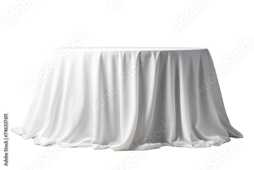 Round Table Covered With White Tablecloth. A round table covered with a pristine white tablecloth. The tablecloth drapes smoothly over the table,. On PNG Transparent Clear Background.