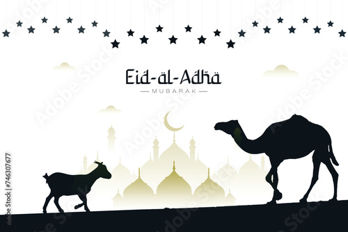 Eid Al Adha arabic calligraphy with camel and goat silhouette islamic greeting design