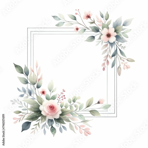 Digital frame and border with floral themes. watercolor illustration, place for text for wedding invitation, invite card, banner, poster, sticker, cover. Digital spring border.