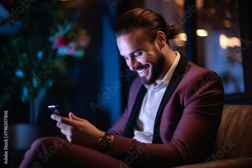 Late Night Work At Home, Smiling Young Businessman With Beard Using Mobile photo