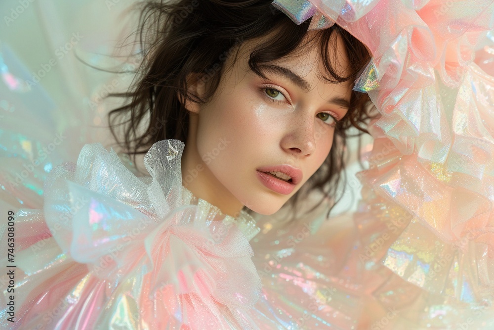 Young Female Caucasian Model With Natural Makeup and Curly Dark Hair in Shimmering Iridescent Ruffled Dress with Rainbow Reflections. AI Generated Young Female Caucasian Model With Natural Makeup and Curly Dark Hair in Shimmering Iridescent Ruffled Dress with Rainbow Reflections. AI Generated