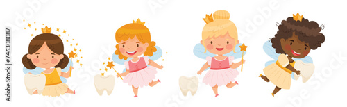 Cute Little Tooth Fairy with Baby Teeth and Magic Wand Vector Set