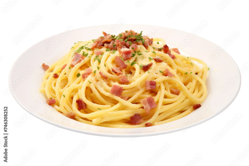 Plate of Spaghetti With Bacon and Parmesan Cheese. A plate holds a generous serving of spaghetti topped with crispy bacon strips and grated parmesan cheese. On PNG Transparent Clear Background.