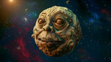 Whimsical cartoonish planet with a humanoid or alien face