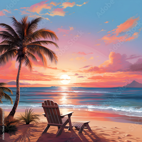 Serene Late Afternoon at a Tropical Beach: Palm Trees, Calm Ocean, and a Spectacular Sunset