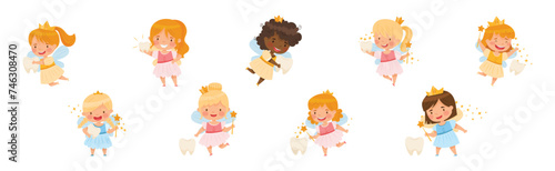 Cute Little Tooth Fairy with Baby Teeth and Magic Wand Vector Set