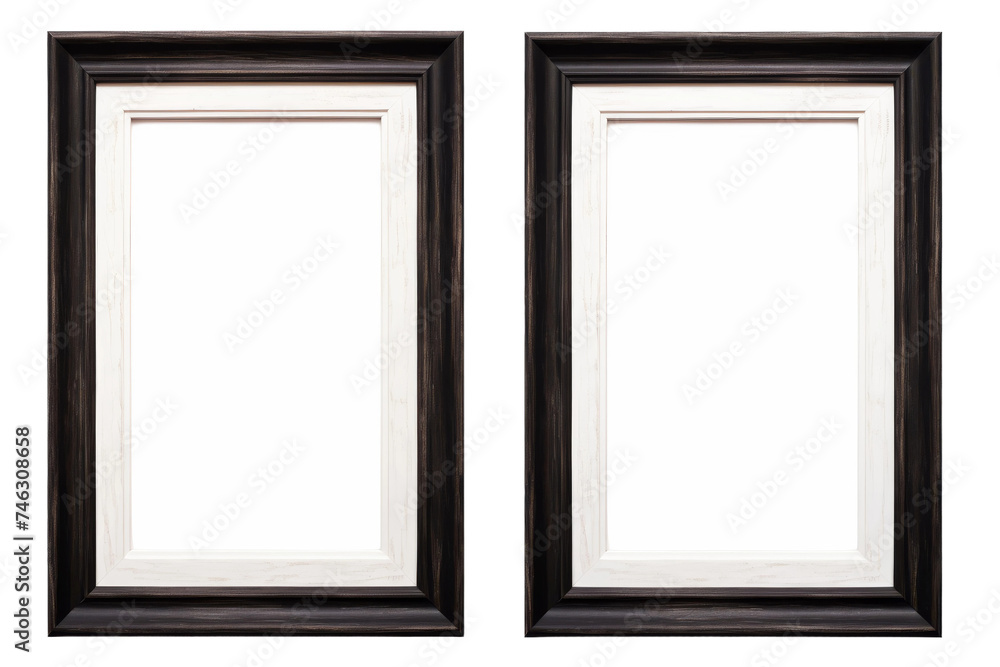 Two rectangular frames, one black and one white, are placed side by side. The frames have a simple design and are empty, ready to showcase photographs or artwork. On PNG Transparent Clear Background. Two rectangular frames, one black and one white, are placed side by side. The frames have a simple design and are empty, ready to showcase photographs or artwork. On PNG Transparent Clear Background.