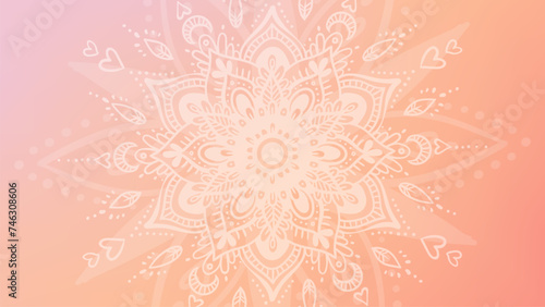 Round mandala on dreamy peach fuzz gradient background. Translucent mesh pattern in the form of a mandala. Mandala with floral patterns. Pastel Yoga template.