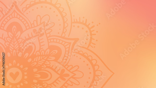 Round mandala on dreamy peach fuzz gradient background. Translucent mesh pattern in the form of a mandala. Mandala with floral patterns. Pastel Yoga template.