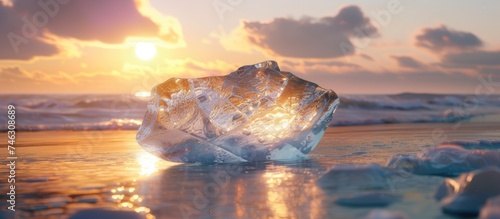 A large piece of ice is seen resting on top of a sandy beach, illuminated by the soft light of sunrise in the winter. The contrast between the icy object and the warm sandy shore creates a captivating