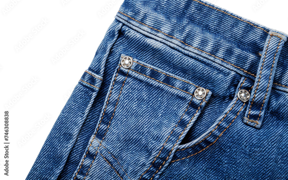 A Pair of Blue Jeans. The jeans have a classic five pocket design and a zip fly closure. The denim fabric appears to be in good condition. On PNG Transparent Clear Background.