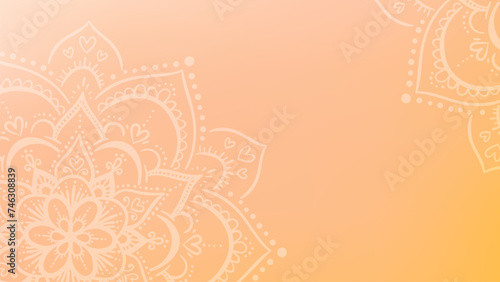 Round mandala on dreamy peach fuzz gradient background. Translucent mesh pattern in the form of a mandala. Mandala with floral patterns. Pastel Yoga template.
