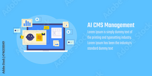CMS technology powered with AI, Ai driven CMS software, Content management system, landing page vector illustration with icons