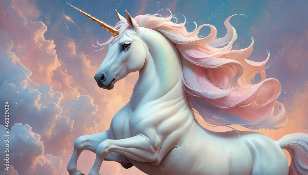 Naklejka premium Fantasy Illustration of a wild unicorn Horse. Digital art style wallpaper background in pastel colors.