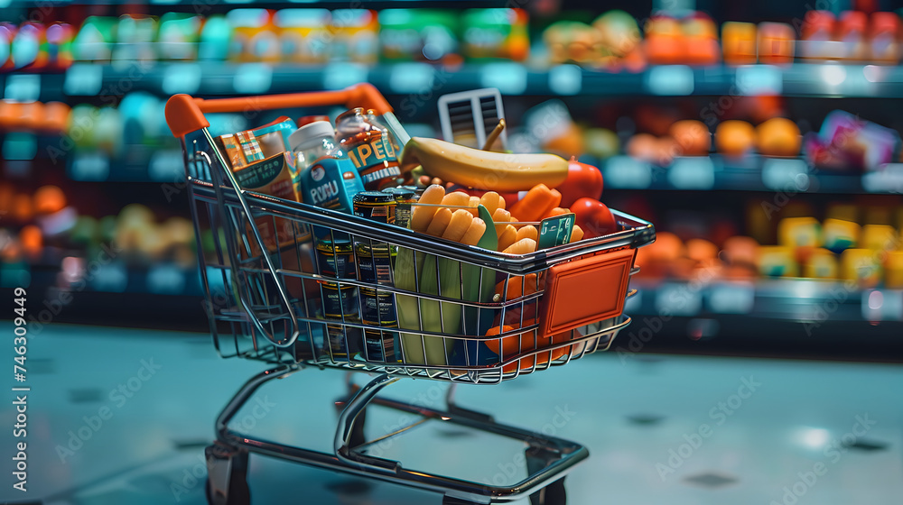 Shopping cart full of products and food in a supermarket. Food and product price increase graphs