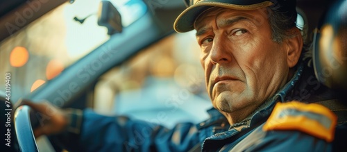 A man is driving a car while wearing a hat, amusingly and hilariously. The hat is a peaked cap, worn in a funny manner. The man seems focused on the road ahead as he continues his journey.