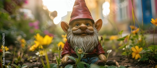 A garden gnome sits in the middle of a vibrant flower bed, surrounded by colorful blossoms. The gnome is adorned with a pointy hat and long beard, blending in with the cheerful garden setting.